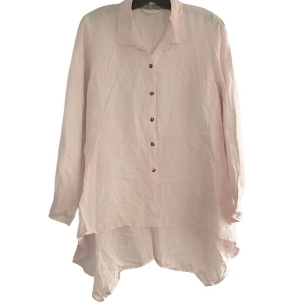 Kleen Pale Pink 100% Linen Asymmetrical Button Up Top Size Medium